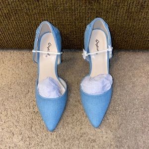 Qupid Shoes Denim Corset Point Toe Pumps